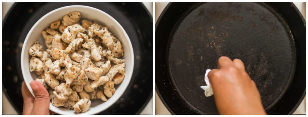 step by step picture collage of creamy chicken bacon pasta