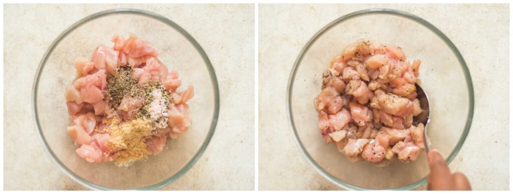 step by step picture collage of creamy chicken bacon pasta