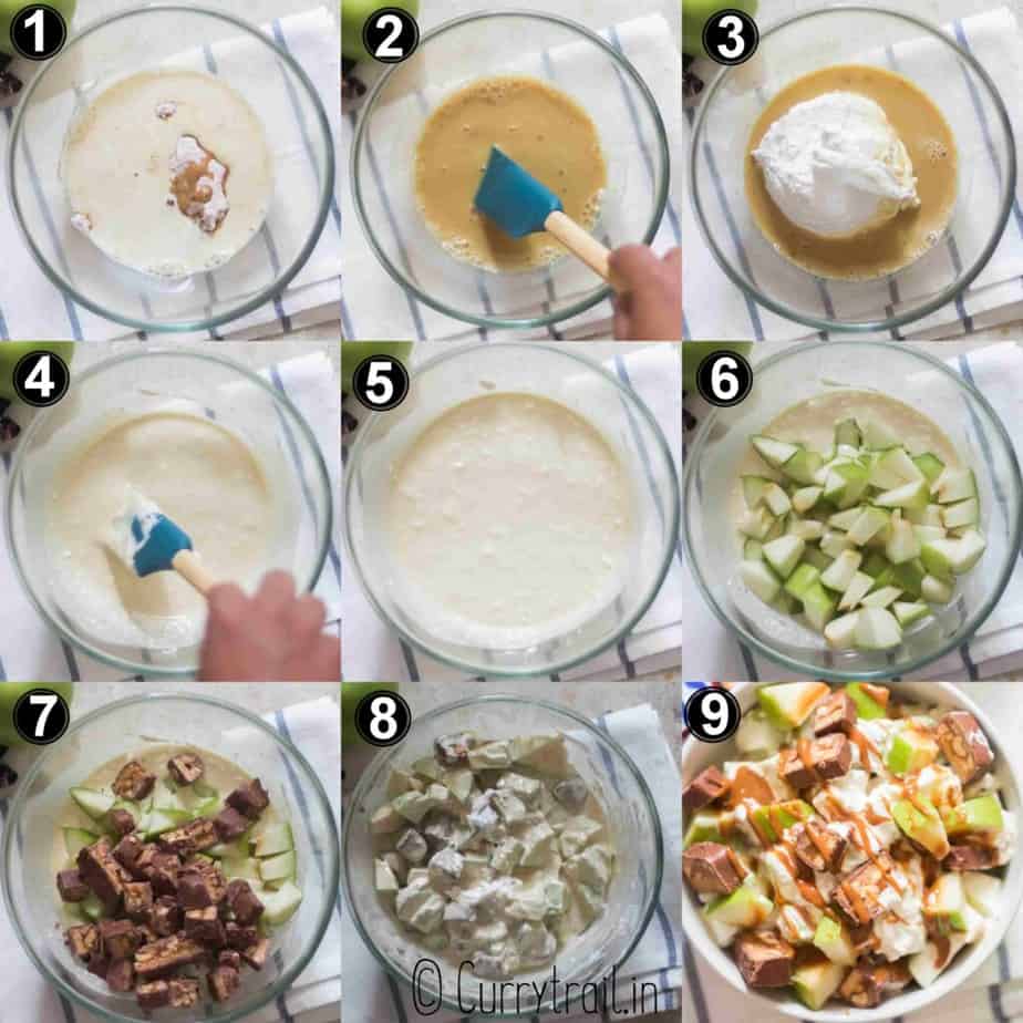 step by step picture collage of snickers salad