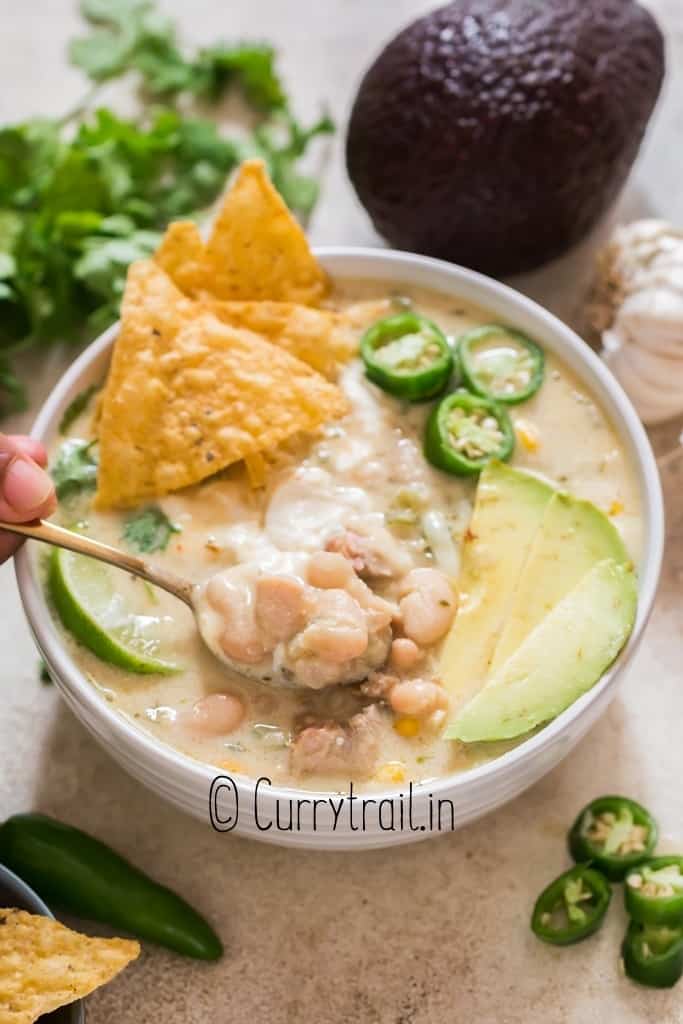 Bowlful of white chili chicken