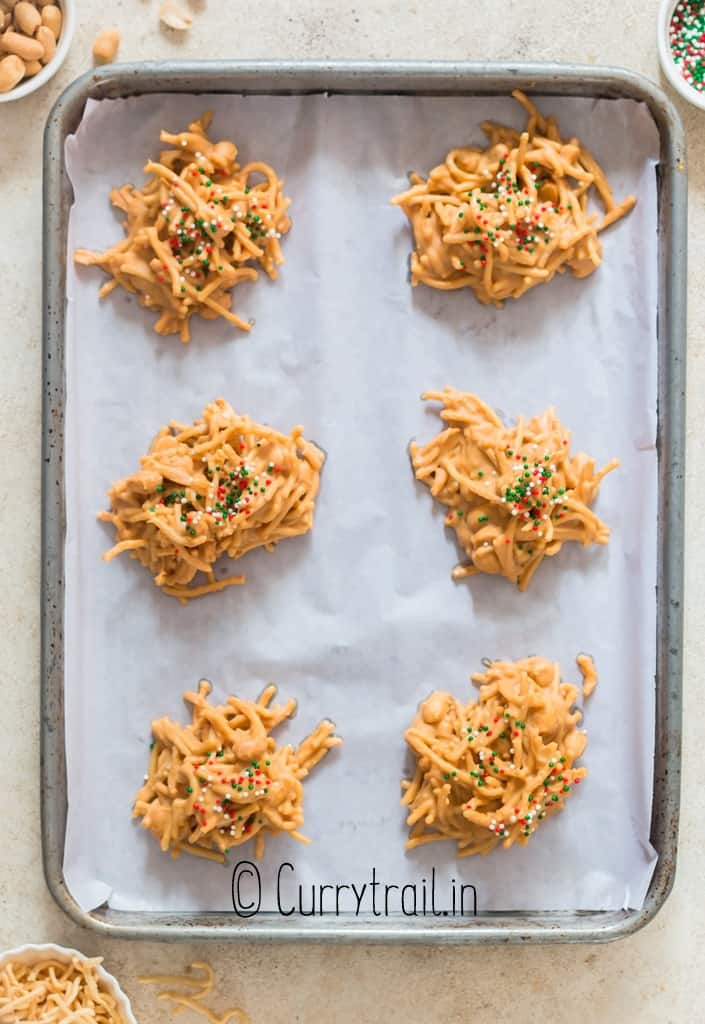 haystack cookies with chow mein noodles on baking tray