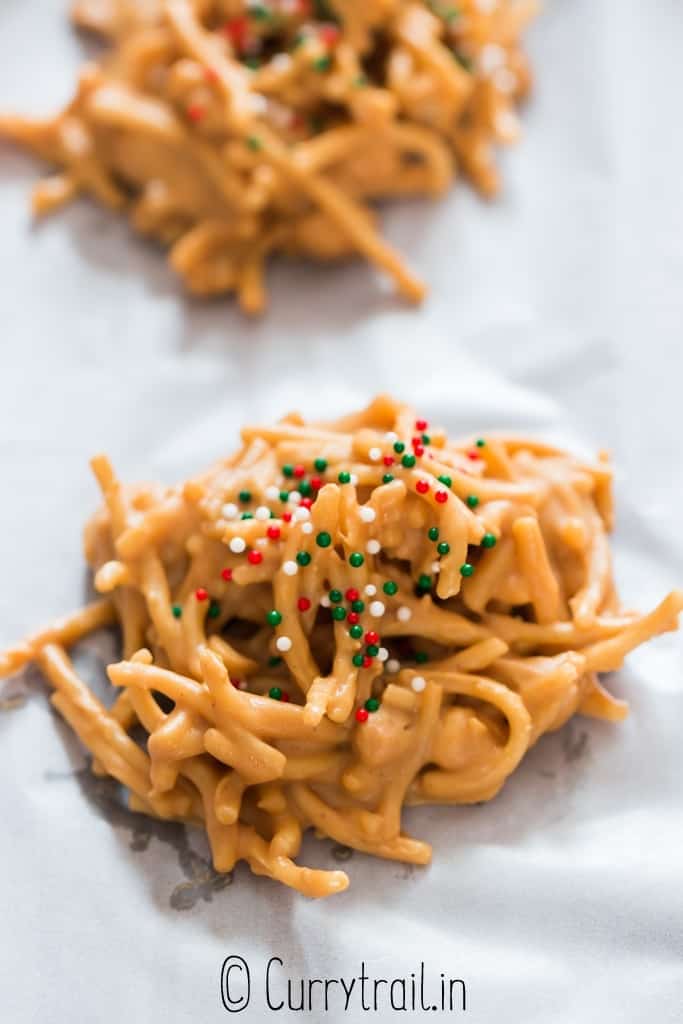 close view of haystack cookies on baking tray