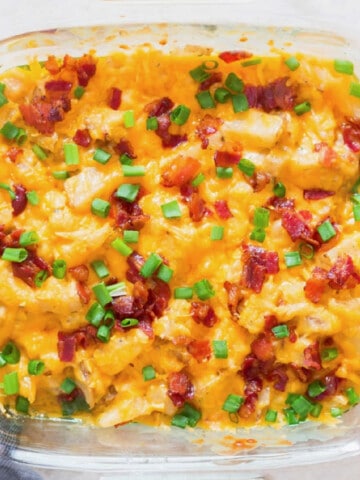 loaded cheesy potato in casserole dish