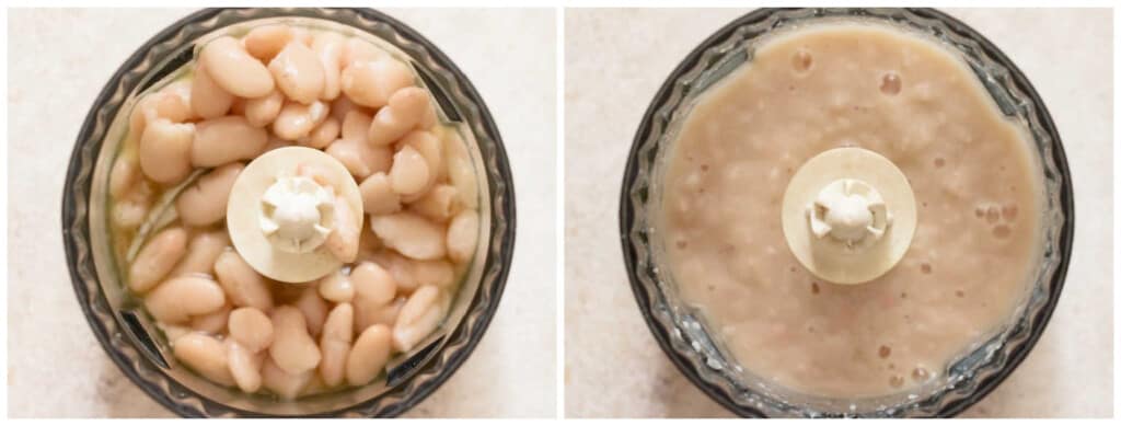 picture collage of white bean puree in processor