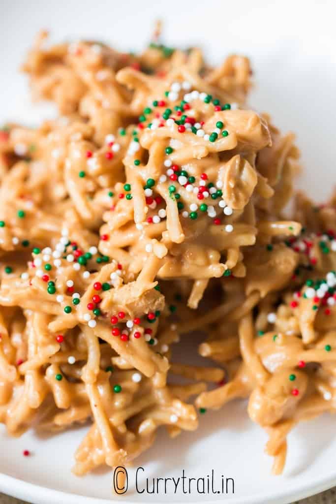 close view of stack of cookies made using chow mein noodles