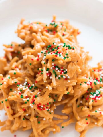 crispy chow mein noodles haystack cookies on a plate.