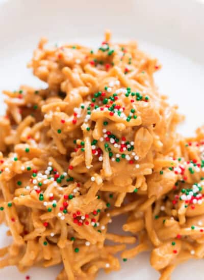 crispy chow mein noodles haystack cookies on a plate.
