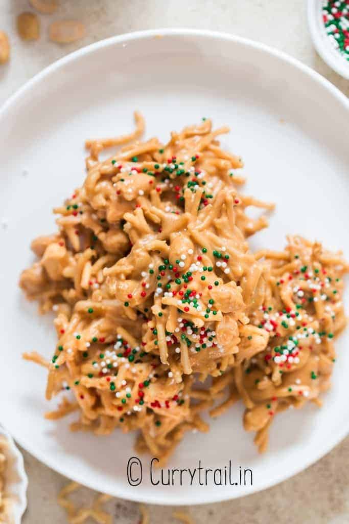 chow mein noodles haystack cookies on plate