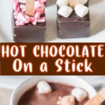 hot chocolate sticks stirred in hot milk with text