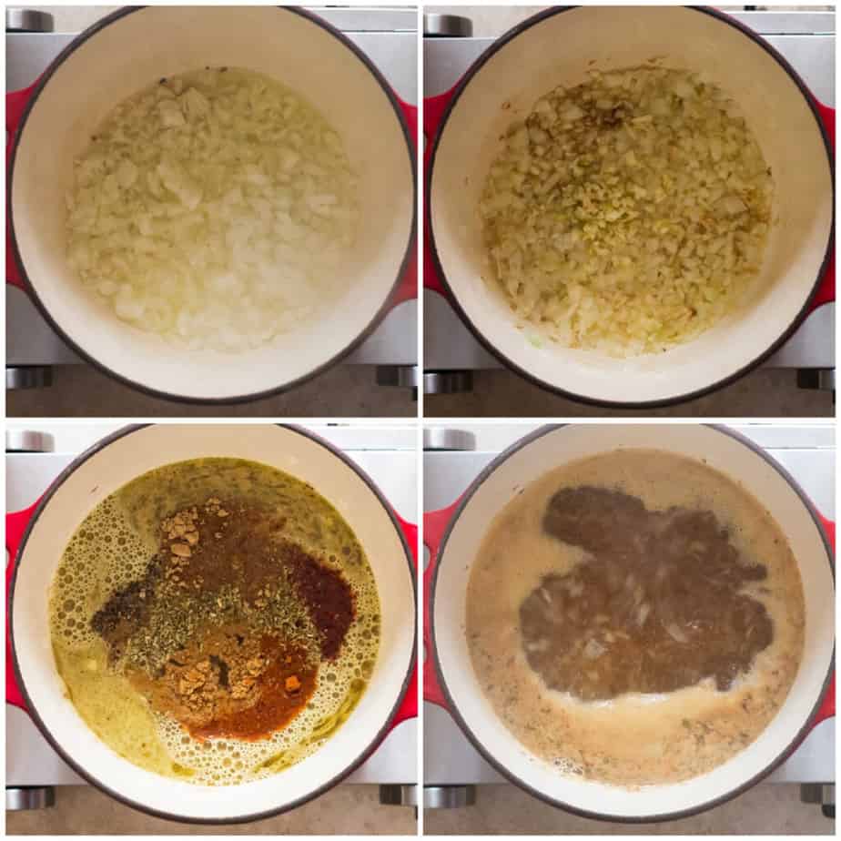 picture collage of making creamy white chili chicken