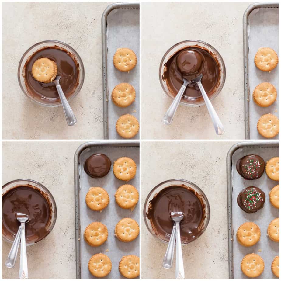 step by step picture collage of making Ritz cracker cookies