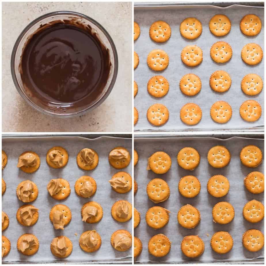 step by step picture collage of making Ritz cracker cookies
