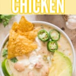 creamy chili chicken white in bowl with text