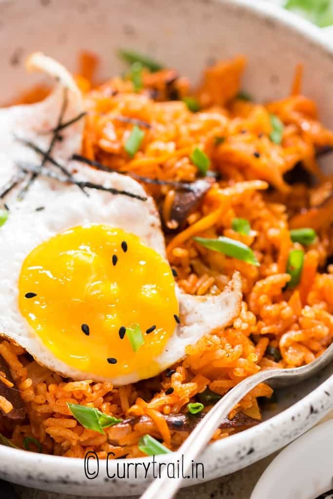 close view of kimchi fried rice