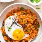 kimchi fried rice with sunny side up egg in bowl