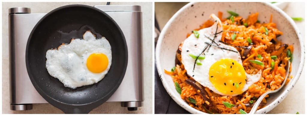 making fried sunny side up egg for kimchi fried rice