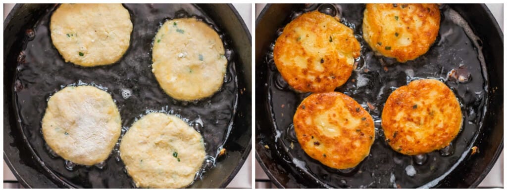 step by step picture collage of making mashed potato pancakes