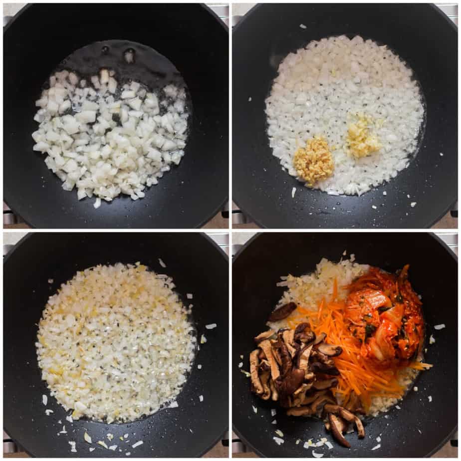 picture collage of making kimchi fried rice
