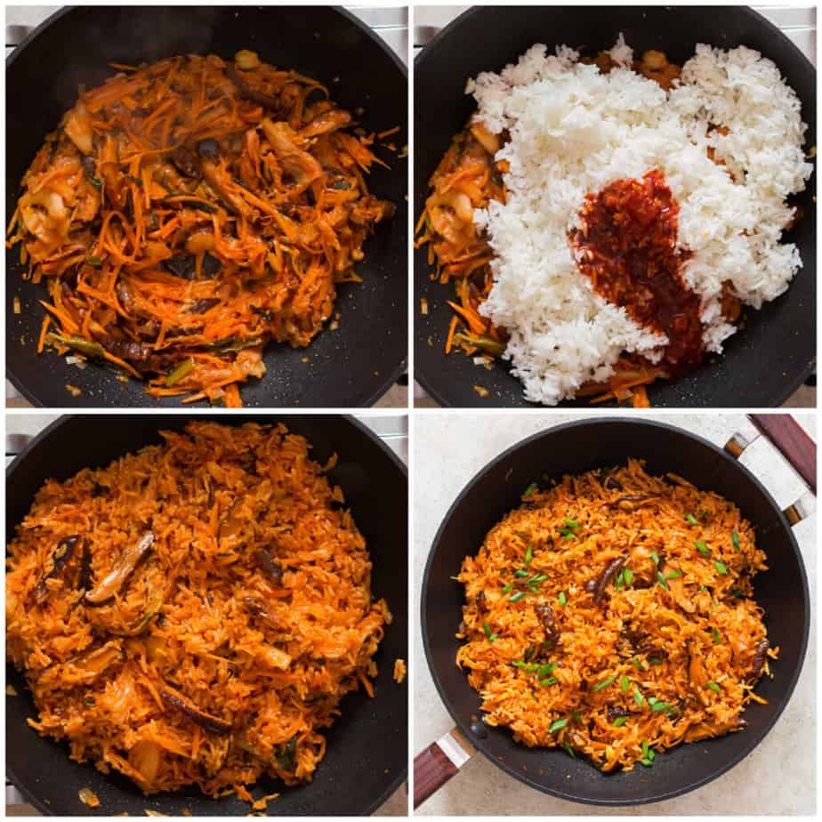 picture collage of making kimchi fried rice