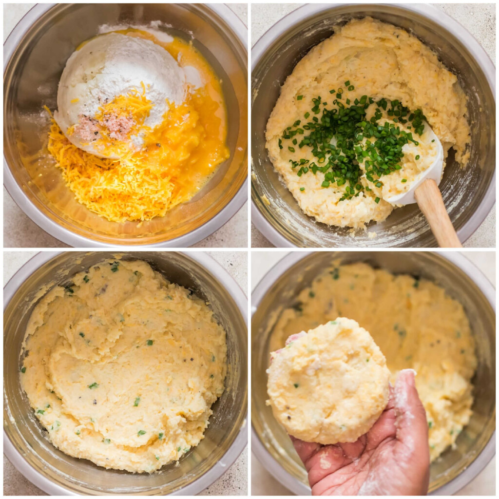 step by step picture collage of making mashed potato pancakes