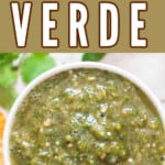 blended tomatillo salsa verde with nacho chips with text overlay