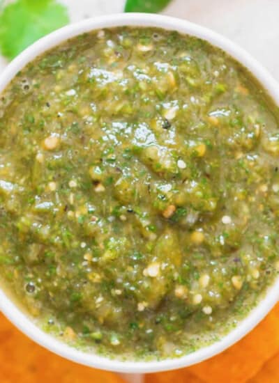 blended tomatillo salsa verde with nacho chips