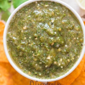 salsa verde in bowl with chips