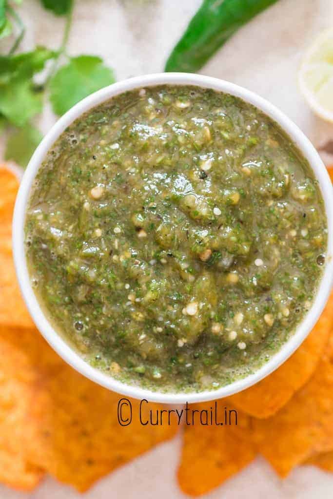 salsa verde in bowl with chips