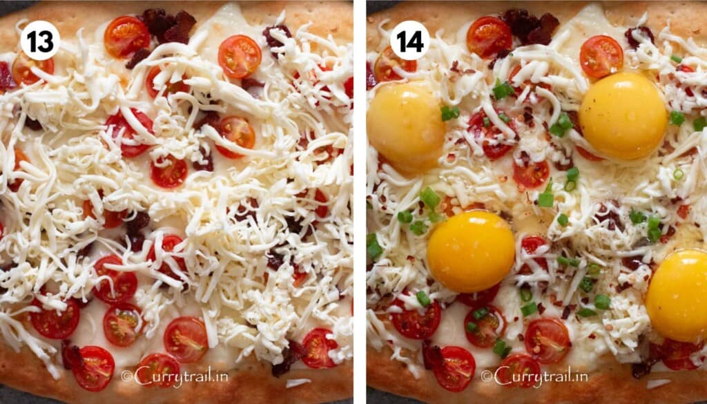 Adding cheese, eggs and crispy bacon to breakfast pizza.