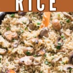one pot mushroom rice with text