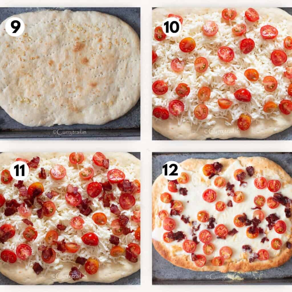 Adding pizza toppings like cherry tomatoes and bacon.