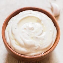 short version of garlic aioli is wood bowl