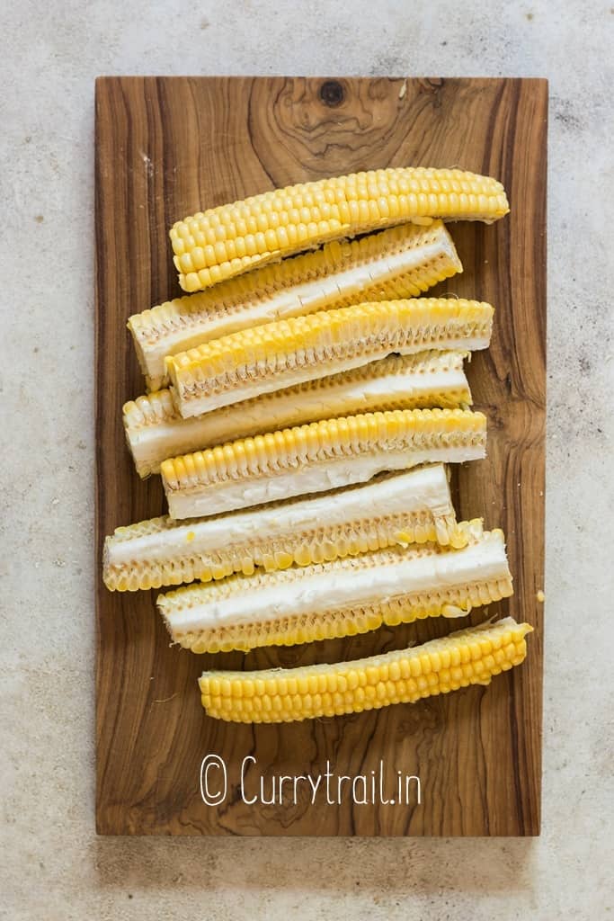 strips of corn on cutting board