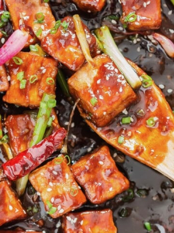 general tso tofu in cast iron pan.