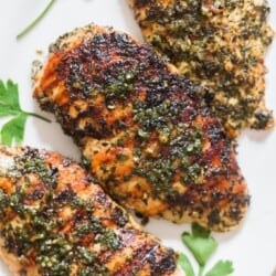 chicken chimichurri grilled on skillet served on plate