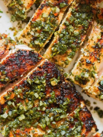 slices of grilled chimichurri chicken