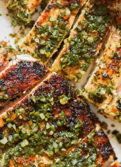 slices of grilled chimichurri chicken