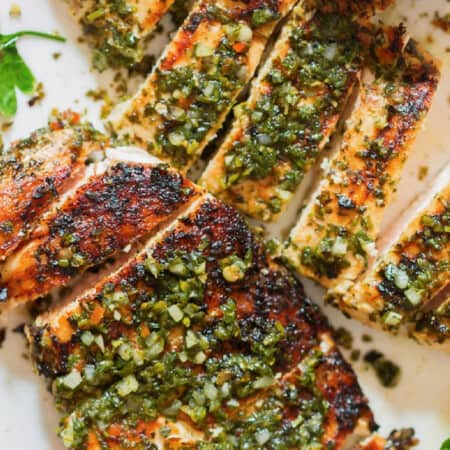 slices of grilled chimichurri chicken