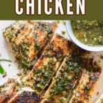 tender chimichurri chicken grilled on pan with text