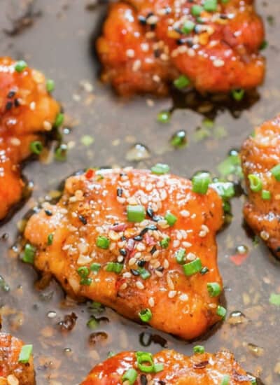 garlic chicken cooked in hone garlic sauce in cast iron pan