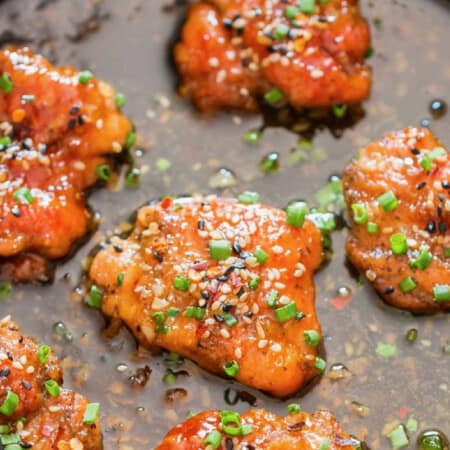 garlic chicken cooked in hone garlic sauce in cast iron pan