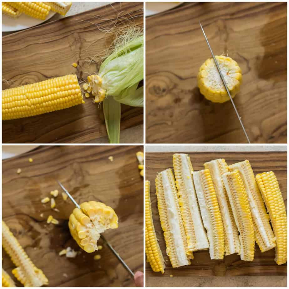 picture collage of how to cut corn ribs