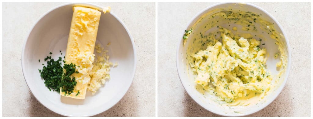 picture collage of making homemade garlic butter