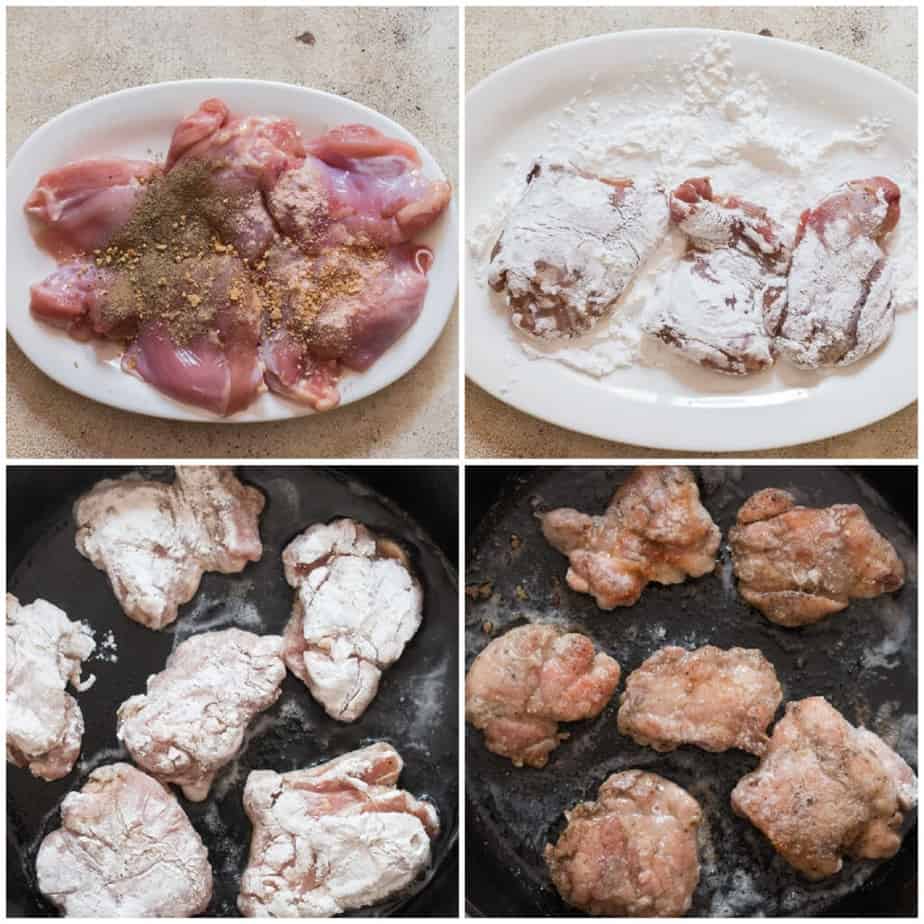 sear chicken thighs for making garlic chicken with sticky sauce