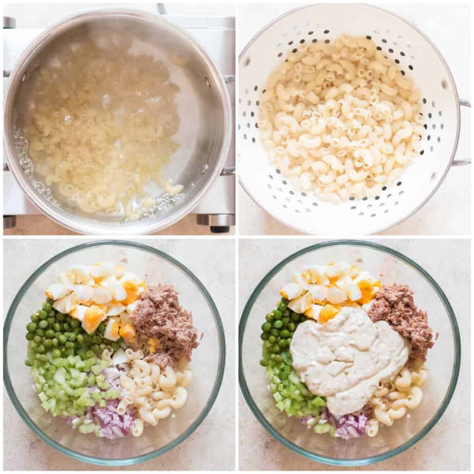 making macaroni tuna salad in bowl