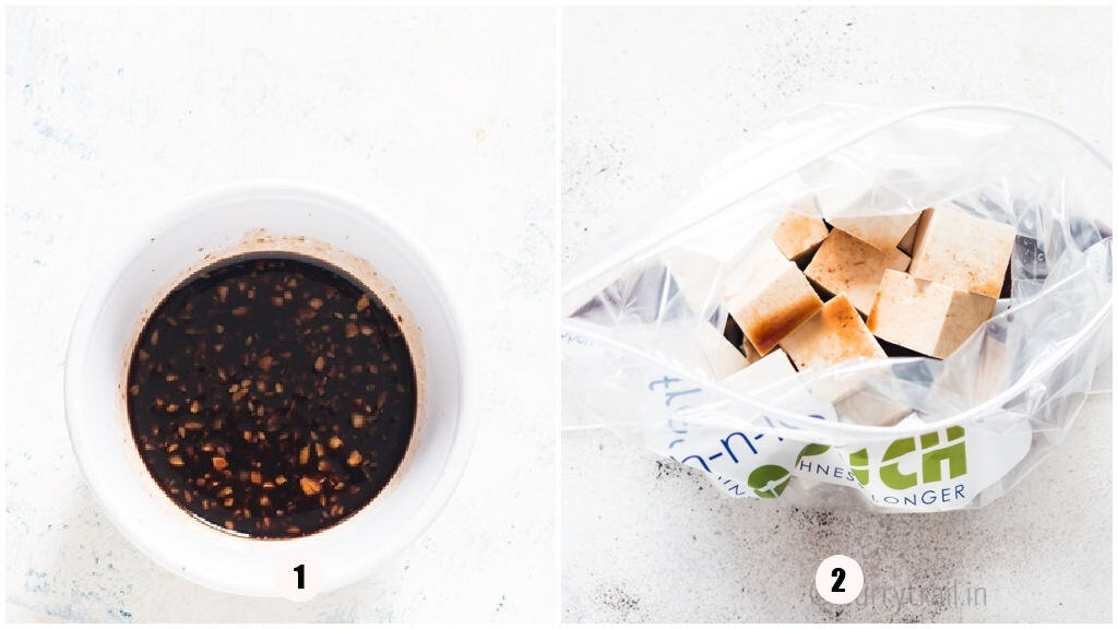 picture collage of marinating tofu.