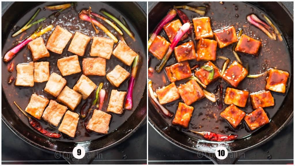 General Tso tofu cooked in cast iron pan.