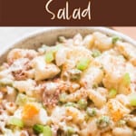macaroni tuna salad in bowl with text