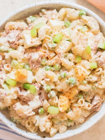close view of tuna macaroni salad in bowl
