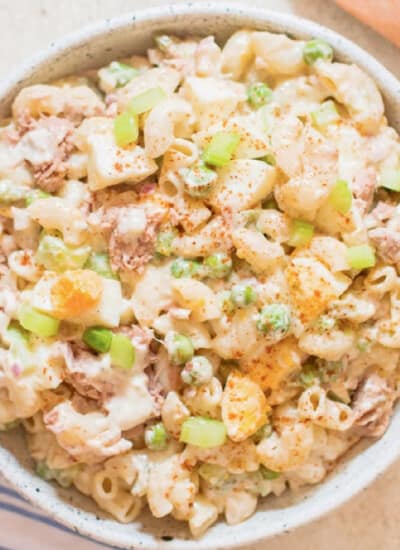 close view of tuna macaroni salad in bowl